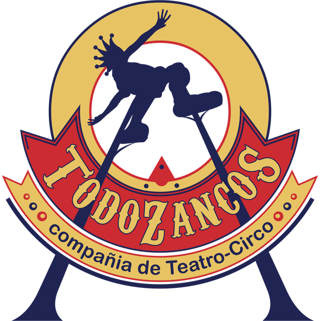 Logotipo de TodoZancos, compañía de teatro y circo. Presenta la silueta de un zanquero en rojo, amarillo y azul.